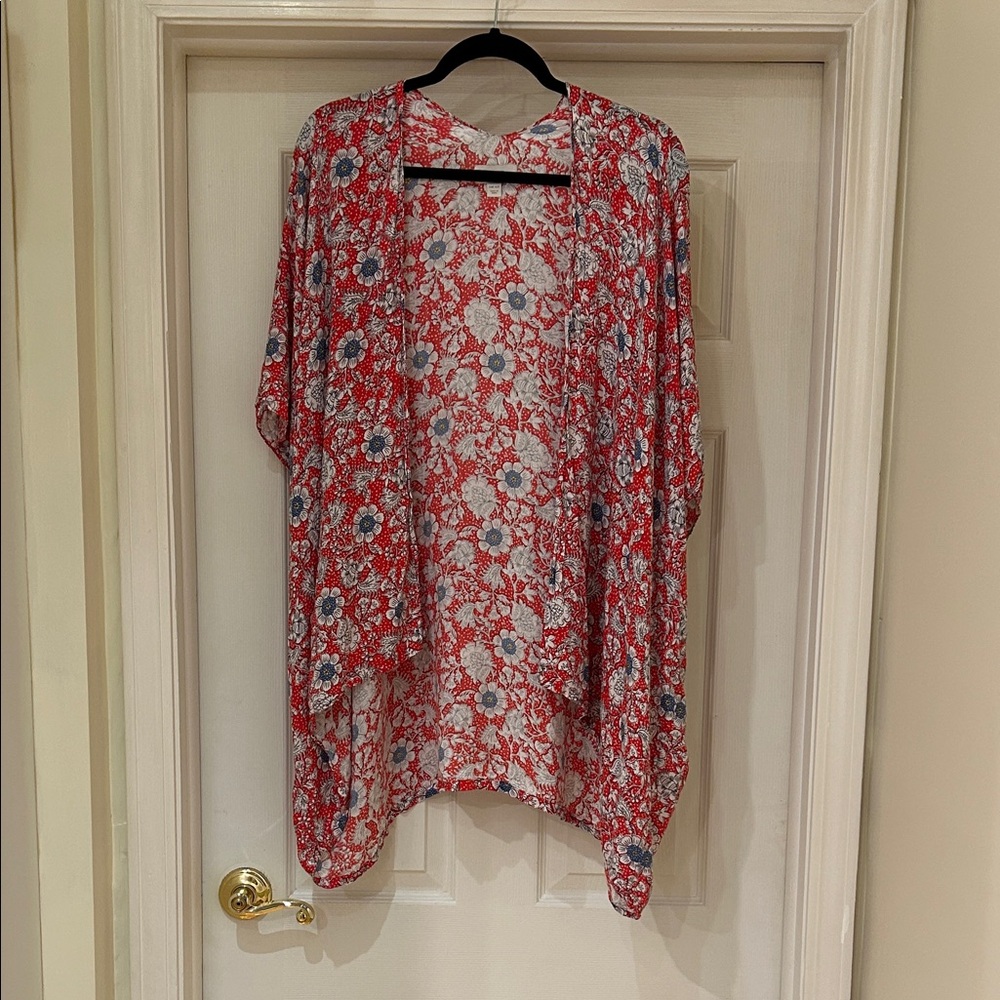 LOFT Red and Blue Floral Kimono Cardigan One Size